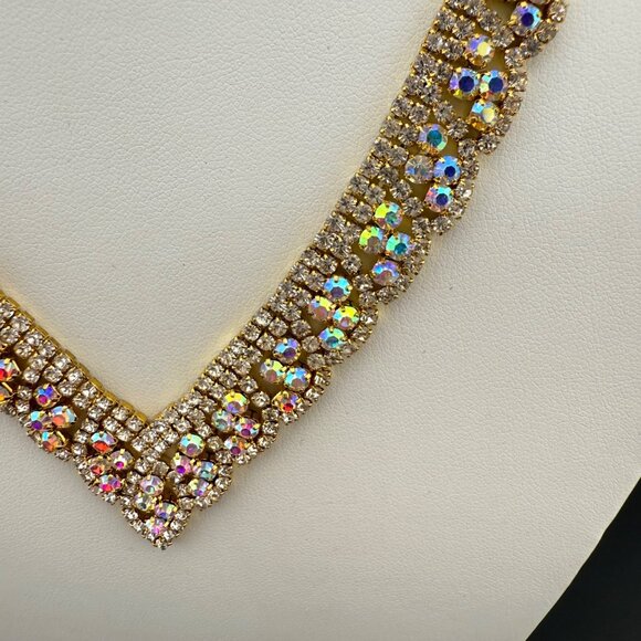Gold Rhinestone Necklace With Scalloped Design & Aurora Borealis Crystals - Picture 2 of 8